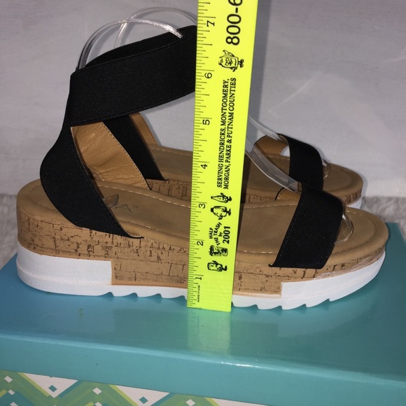 NIB Black Wedge Platform Sandals Stacked Cork Look Elastic Anna - Picture 12 of 14